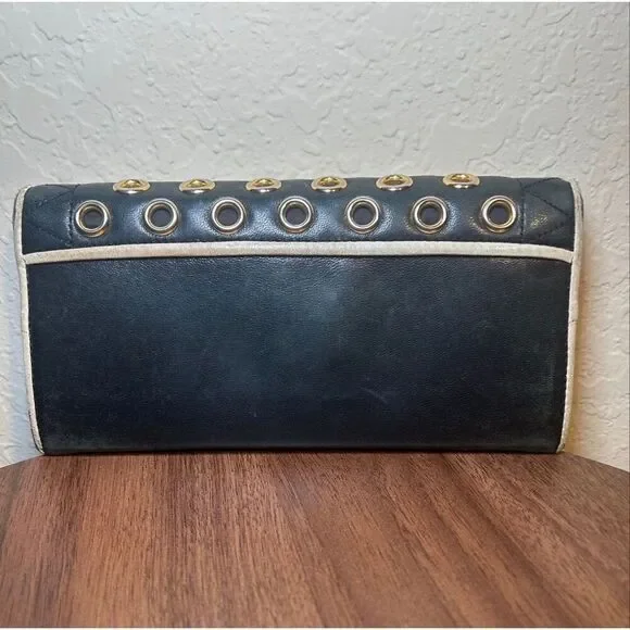 Miu Miu Leather Long Wallet Deep Navy Gold Grommet Studded Edgy Biker Alt Grunge - Picture 3 of 8